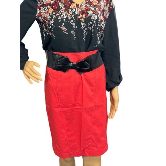 (6 for $25) Maurices Midi Red Pencil Skirt with Bow Belt size 3/4 - Picture 1 of 6